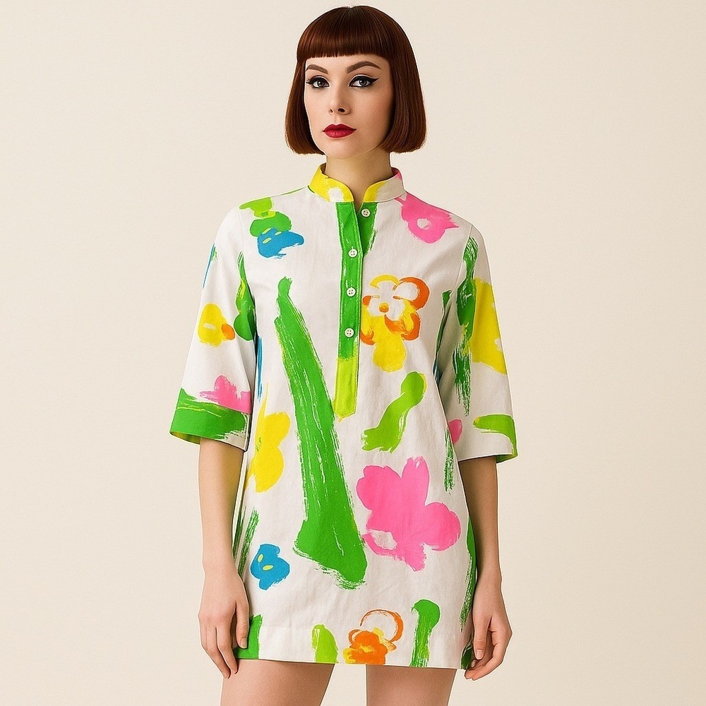 Vintage 70s CATHERINE OGUST M Neon Abstract‎ Floral Tunic Mini Mod Dress